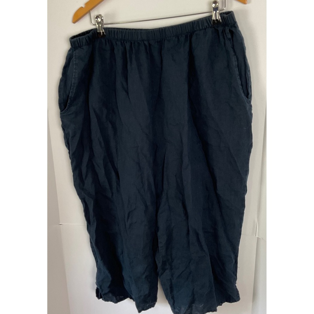 FLAX Womens Navy Blue 100% Linen Cropped Elastic Waist Pants Size 2G Plus